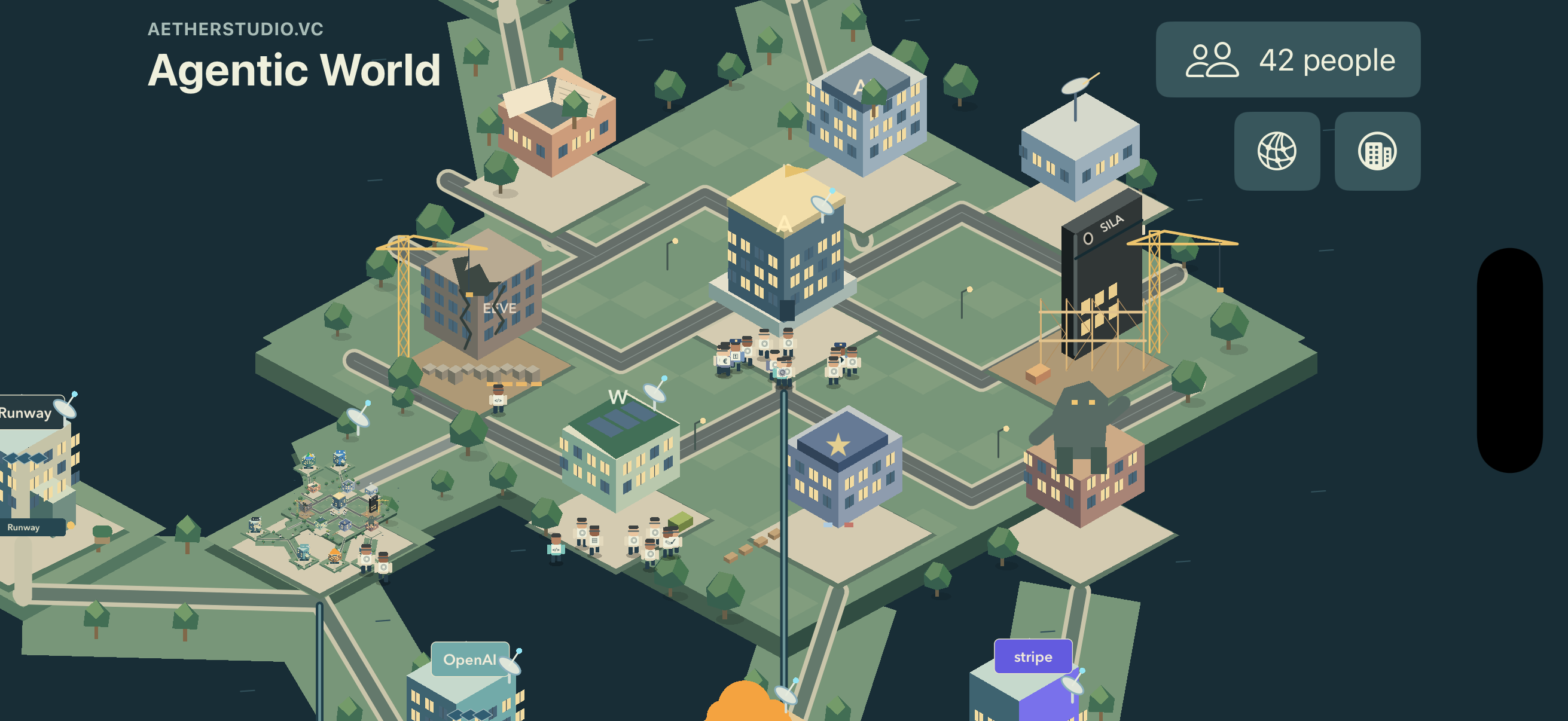 Wesley’s Agentic World, captured on 29 September 2026: project buildings and agent roles